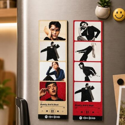 TuneSnap Personalized Photo Strip Fridge Magnet Set of 2 (8 Custom Photos) | 2.5 x 8 Inch Retro Music Photo Prints with Spotify Code |Sparkle film | Custom Gift for Couples, Anniversary, Birthday