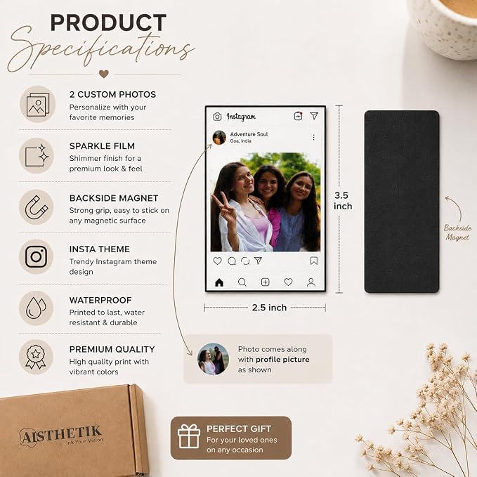 Personalized Instagram Theme Fridge Magnet Set of 2 | Custom Photo Magnets (2.5 x 3.5 Inch) with Profile Picture | Waterproof Sparkle Finish | Personalized Gift for Couples, Friends & Family - Image 3