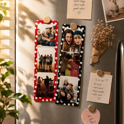 Custom Photo Strip Fridge Magnet (2×6 Inch) | Personalised 3 Photo Fridge Magnet | Matte Film Unique Photo Strip Design | Gift for Family, Friends & Couples (Polka Dot Frame)