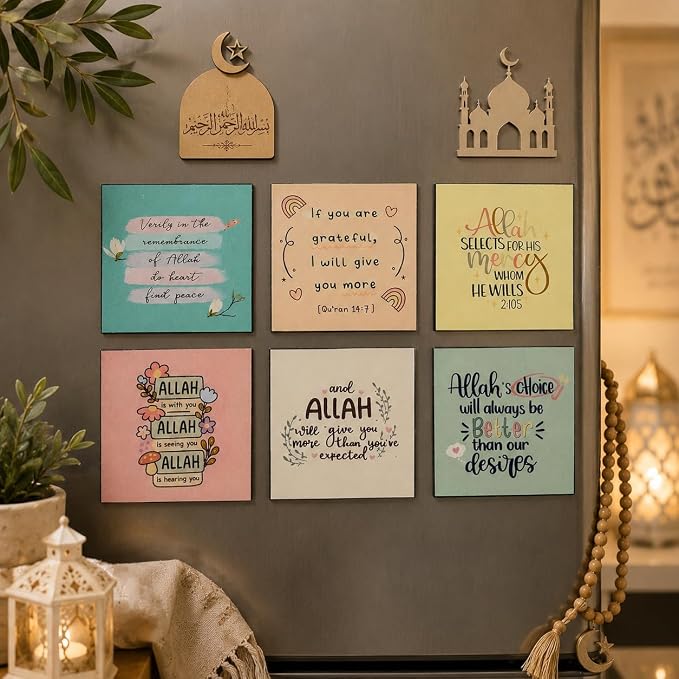 Islamic Premium Quotes Fridge Magnet Set of 6 (2.5x2.5 Inch) | Sparkle Finish | Waterproof | 180 GSM Print | Allah Motivation | Ramadan Gift & Faith Home Decor (Multi Color)