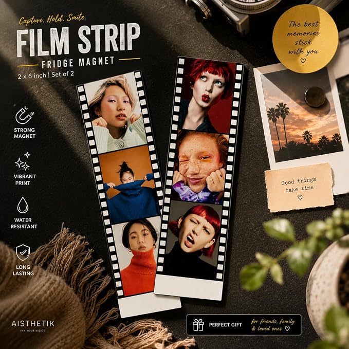 Custom Photo Strip Fridge Magnet (2×6 Inch) | Personalised 3 Photo Fridge Magnet | Matte Film Unique Photo Strip Design | Gift for Family, Friends & Couples (Film Strip Style) - Image 2