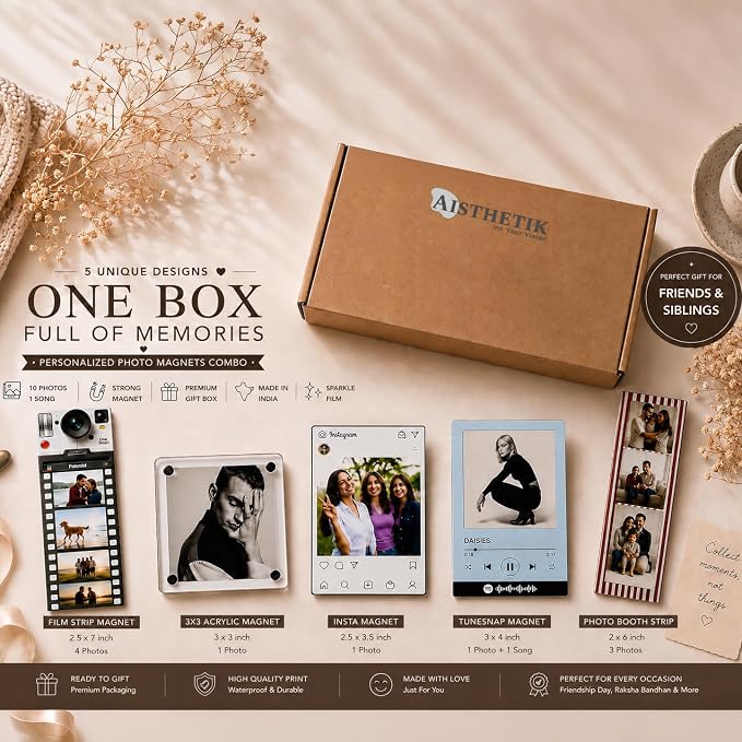 Custom Personalized Photo Fridge Magnet Combo Gift Box | 5 Premium Fridge Magnets Insta, TuneSnap, Film Strip, Photo Booth & Acrylic | Friendship Day, Raksha Bandhan - Image 2