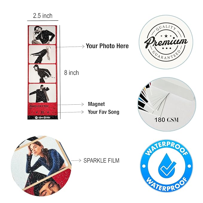 TuneSnap Personalized Photo Strip Fridge Magnet Set of 2 (8 Custom Photos) | 2.5 x 8 Inch Retro Music Photo Prints with Spotify Code |Sparkle film | Custom Gift for Couples, Anniversary, Birthday - Image 4